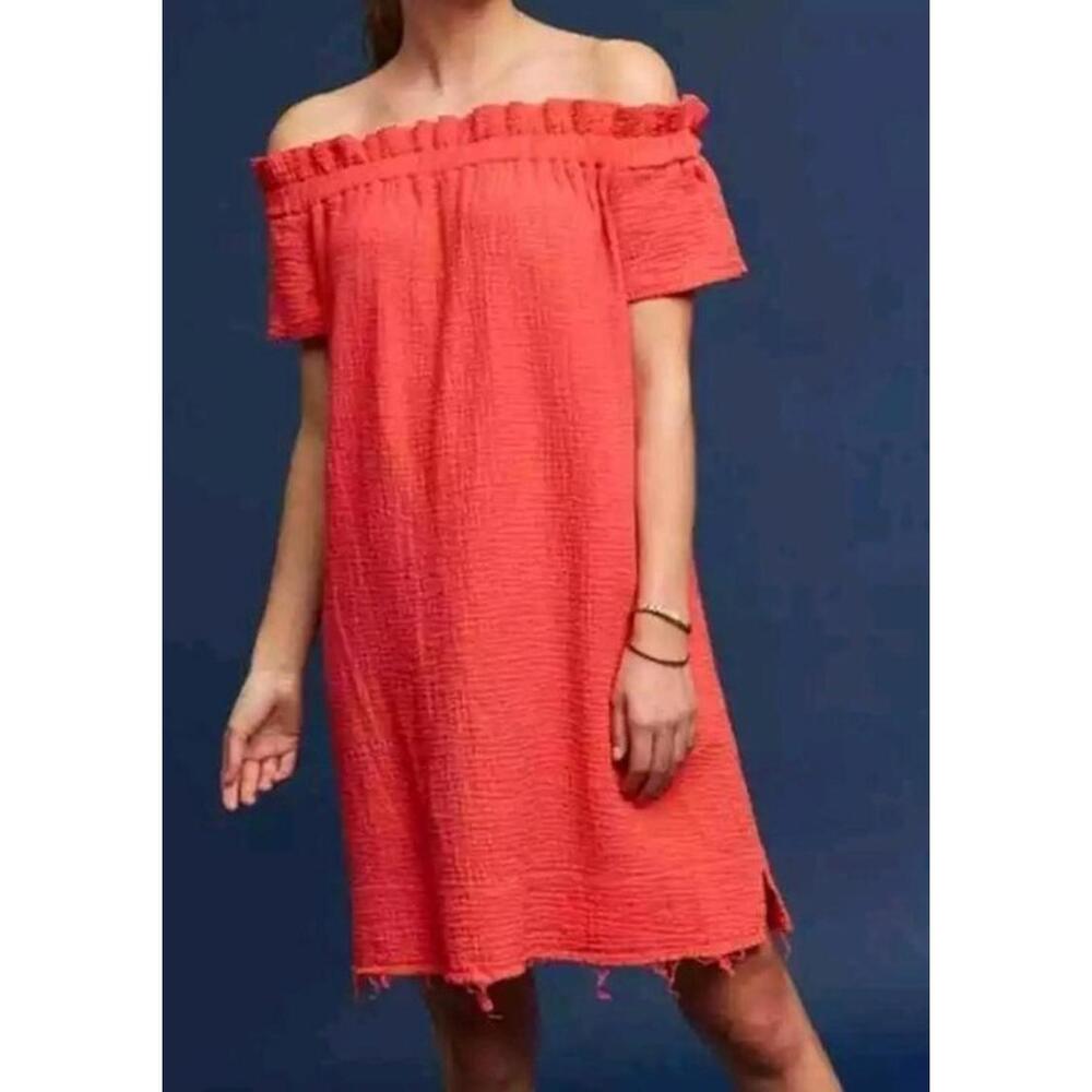 Amadi Robe Praslin Orange Textured Off the Shoulder Dress Raw Hem Sz S #C6